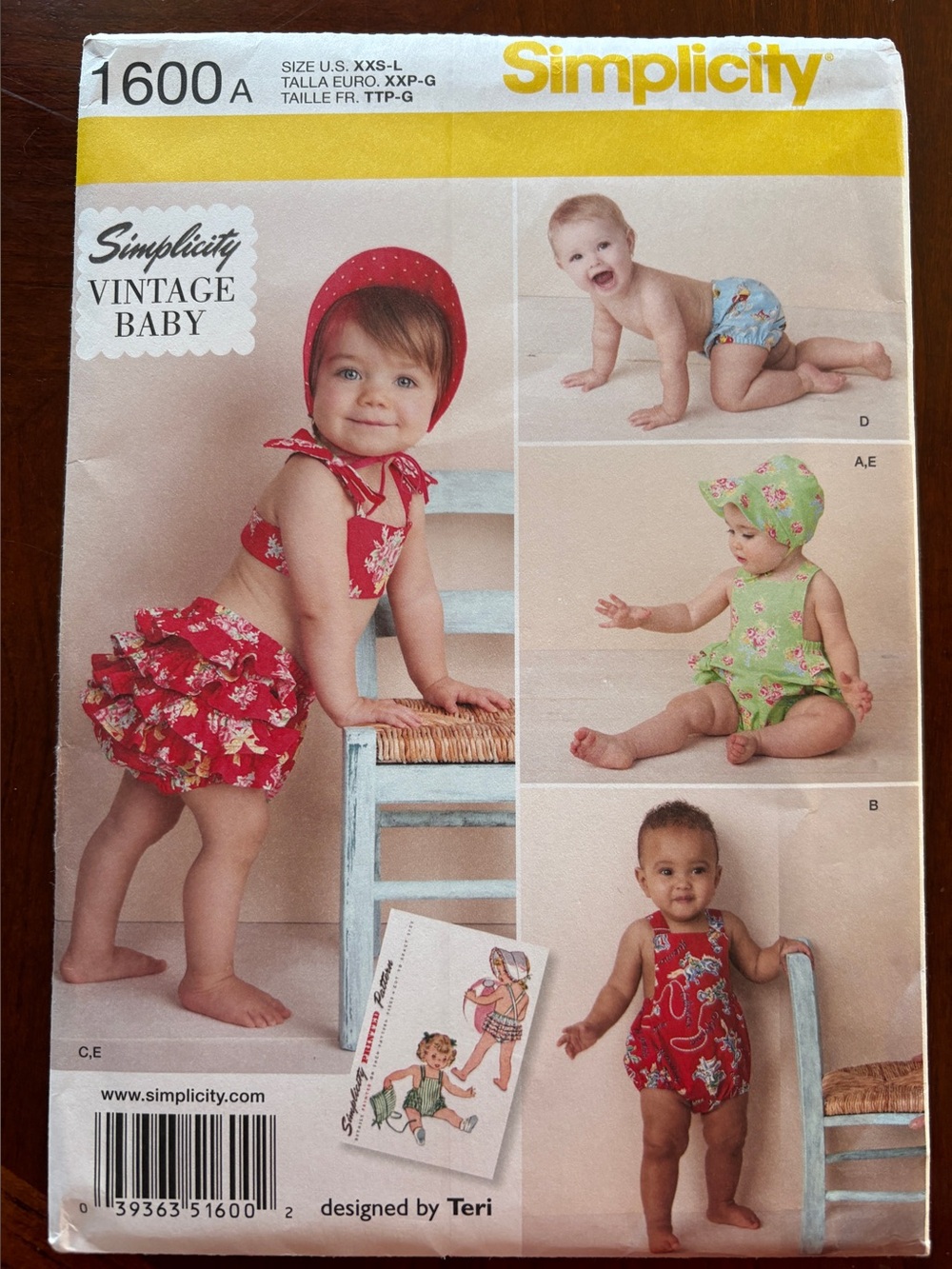 Simplicity Pattern 1600A for Vintage Baby Romper, Bikini, Panties & Bonnet